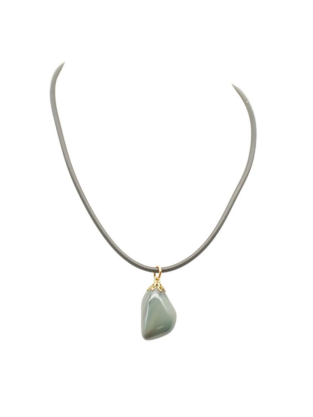 Black Silicone Necklace with Gold-Tone Pendant Holder & Green Agate Stone Pendan
